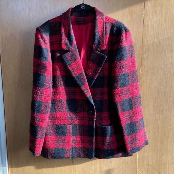 Vintage Red Wool Plaid Double-Breasted Holiday Blazer Union Made - M - Picture 2 of 10